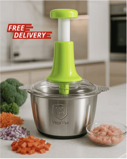 2L Stainless Steel Manual Food Chopper – Hand Push, 4-Blade Cutter