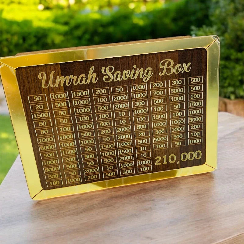 عمرہ سیونگ باکس - لکڑی کا اسلامی منی باکس - 280 دن کا عمرہ سیونگ باکس پلان