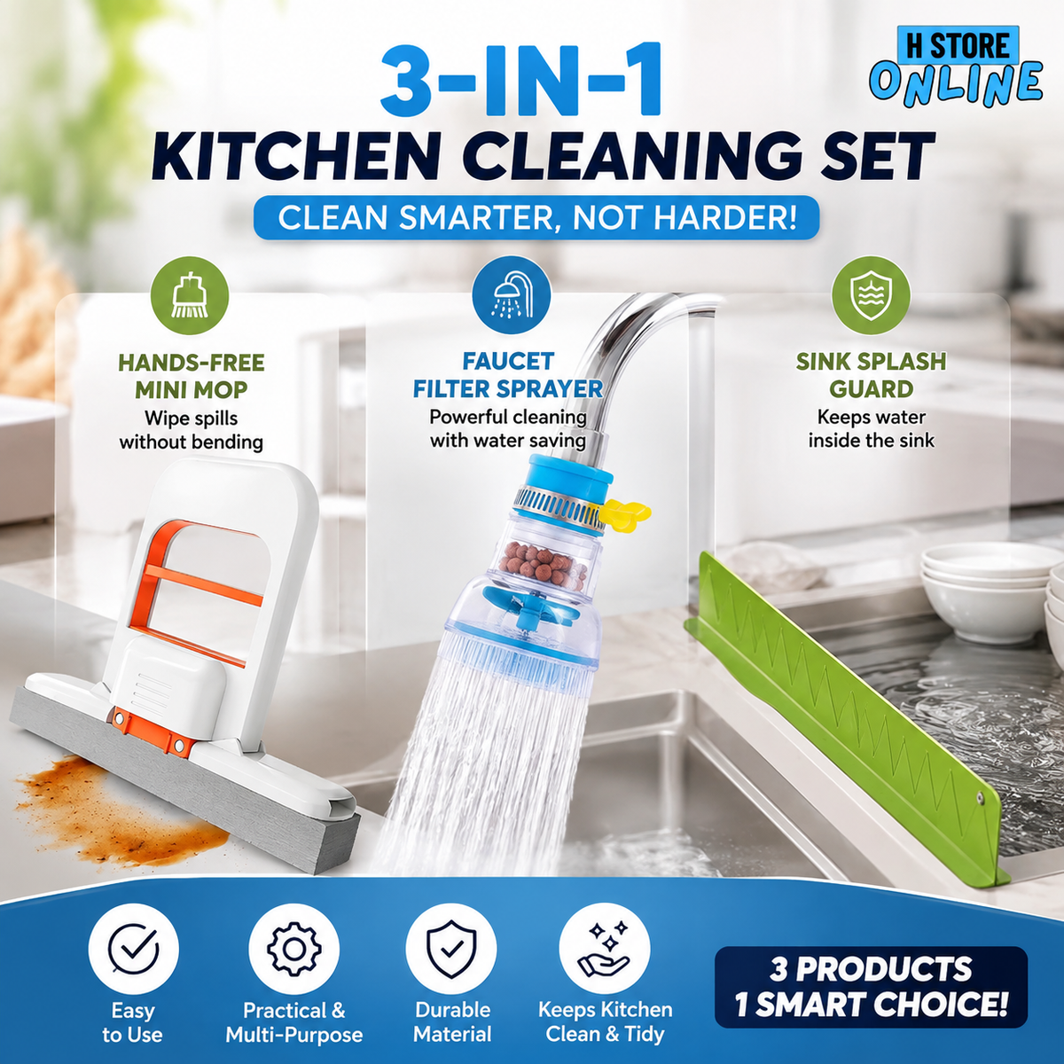 3-in-1 Kitchen Cleaning Set – Hands-Free Mini Mop, Faucet Filter Sprayer & Sink Splash Guard