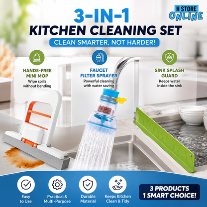 3-in-1 Kitchen Cleaning Set – Hands-Free Mini Mop, Faucet Filter Sprayer & Sink Splash Guard